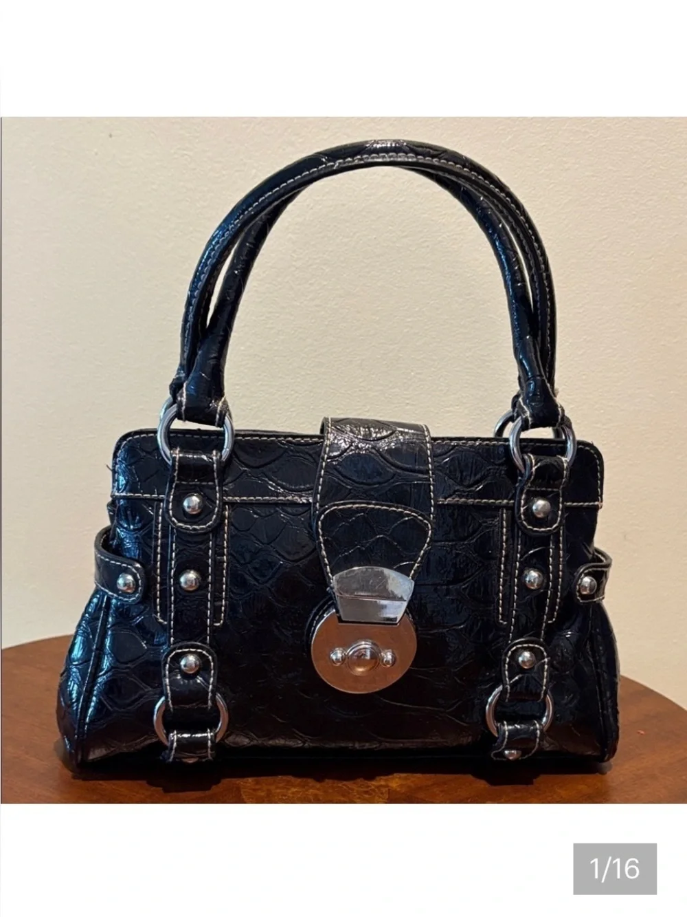 Bisou Bisou satchel black patent PVC croc embossed heavy Silvertone HW EUC